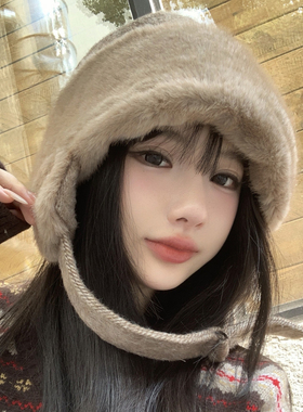 冬天氛围感毛绒雷锋帽子女生显脸小东北玩雪防寒保暖护耳帽子骑车