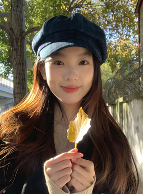 格子贝雷帽女生八角报童帽