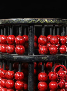 古董文玩木胎漆器彩绘红松石乔记账房圆算盘笔筒摆件复古老物件