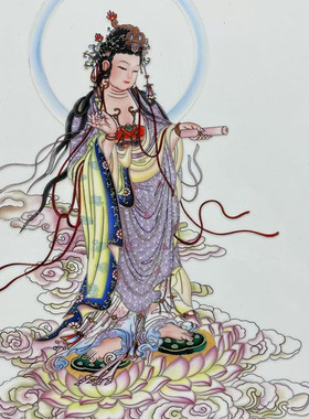 古董文玩红木镶嵌瓷板画手绘观音菩萨挂屏人物唐卡牌匾客厅药师佛