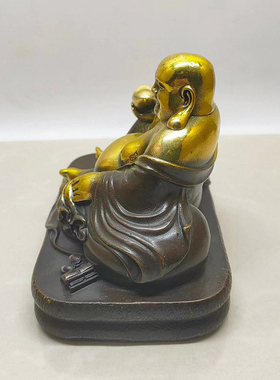 古董文玩纯铜紫铜鎏金坐姿弥勒佛铜像家用供台桌面摆件复古老物件