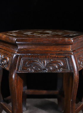 古董文玩花梨木镶嵌贝壳六角方凳矮凳富贵凳红木花架底座装饰摆件