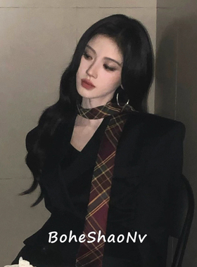 鞠婧祎同款格纹领带丝巾长条复古