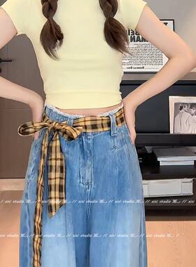 美式复古黄色格子系腰丝巾长腰带