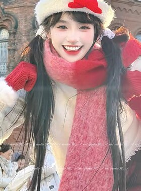 韩版红色马海毛流苏围巾加厚保暖