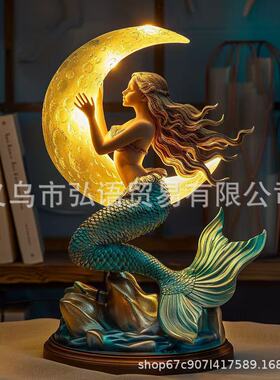 跨境创意小夜灯月亮女神小鸟复古雕像家居桌面场景氛围装饰