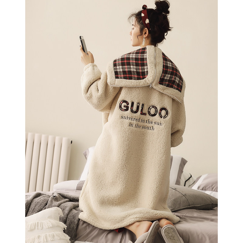 秋冬冬法兰绒加绒长款珊瑚绒睡衣 小烟睡袍/浴袍