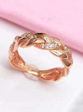 2025俄罗斯585紫金编织戒指镀玫瑰金洋气彩金镶嵌锆石开口指环