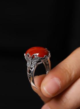 2025千叶国风饰品镶嵌南红蝴蝶戒指泰银复古做旧手饰开口指环食指