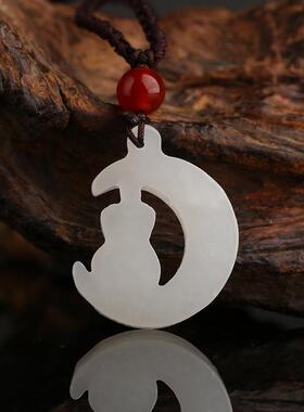 2025诚石玉器工艺品和田月亮玉兔吊坠立体雕刻兔子挂件兔玉坠带证