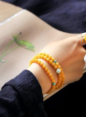 2025天然蜜蜡多圈手串老蜡6mm手串搭配翡翠松石圆珠清新时尚支持