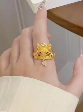 2025镀真金强保色古法沙金鎏金鎏刻九尾狐戒指开口可调节高级精致