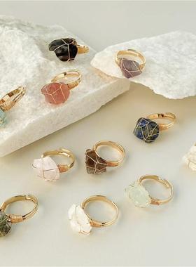 2025跨境热销天然水晶不规则原石矿标活口戒指紫白粉水晶手工水晶