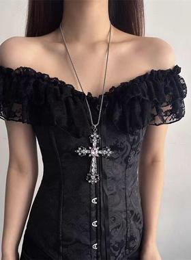 2025新款女项链复古经典黑色长款镶钻小众高级感十字架毛衣链饰品