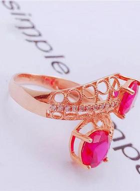 2025心音紫金色戒指女款玫瑰金彩金花边镂空红石戒指精美百搭款