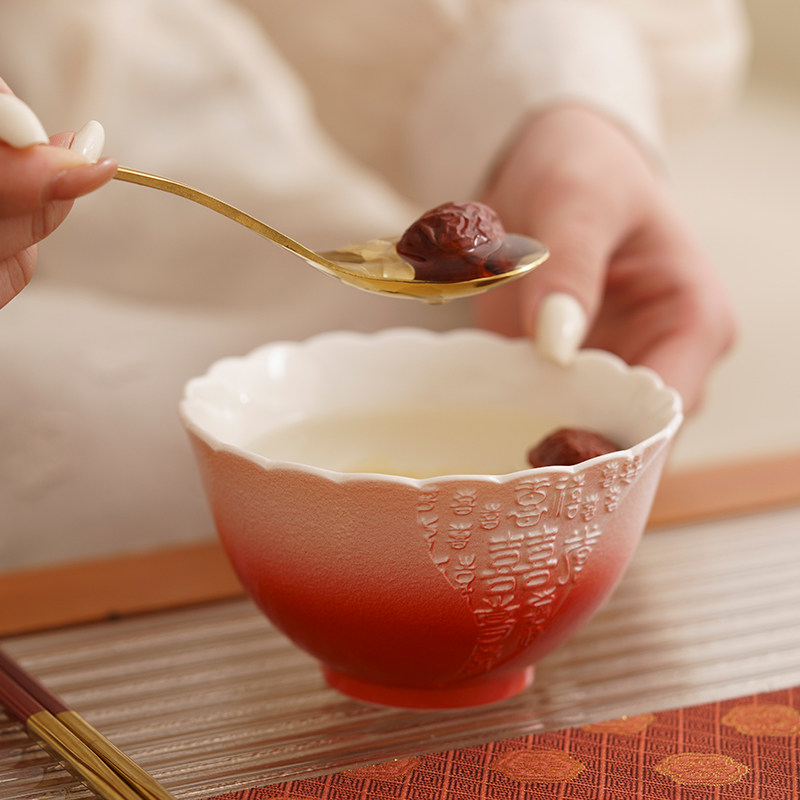 仲夏知己百喜浮雕敬茶杯结婚陪嫁用品改口敬茶杯套装喜碗红色碗筷,淘宝优惠券,粉丝福利购,淘宝优惠卷