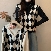 Fake two high collar sweater womens autumn and winter thickened fashion foreign air big code Neylap knit undershirt 2024 new