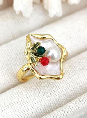 复古宫廷风天然珍珠戒指镀18k真金指环莫奈花园油画风食指戒