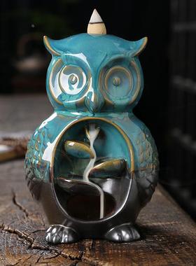 跨境 陶瓷倒流香炉家居礼品摆件 创意欧式猫头鹰烟观赏回流香薰炉