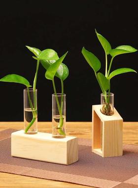简约家居木质载花架水培木制植物花架试管玻璃花瓶装饰木质插花架