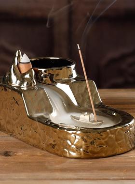 厂家直销陶瓷檀香烟倒流香薰炉 创意镀金山水水培多功能香道摆件