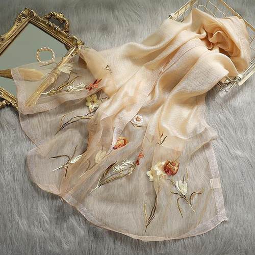 真丝羊毛刺绣丝巾春秋季百搭时尚真丝围巾女韩版花卉绣花防晒披肩 - 图1