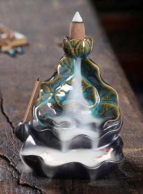 荷塘月色倒流熏香炉陶瓷仿古创意荷花茶道佛具摆件线香插紫砂香炉