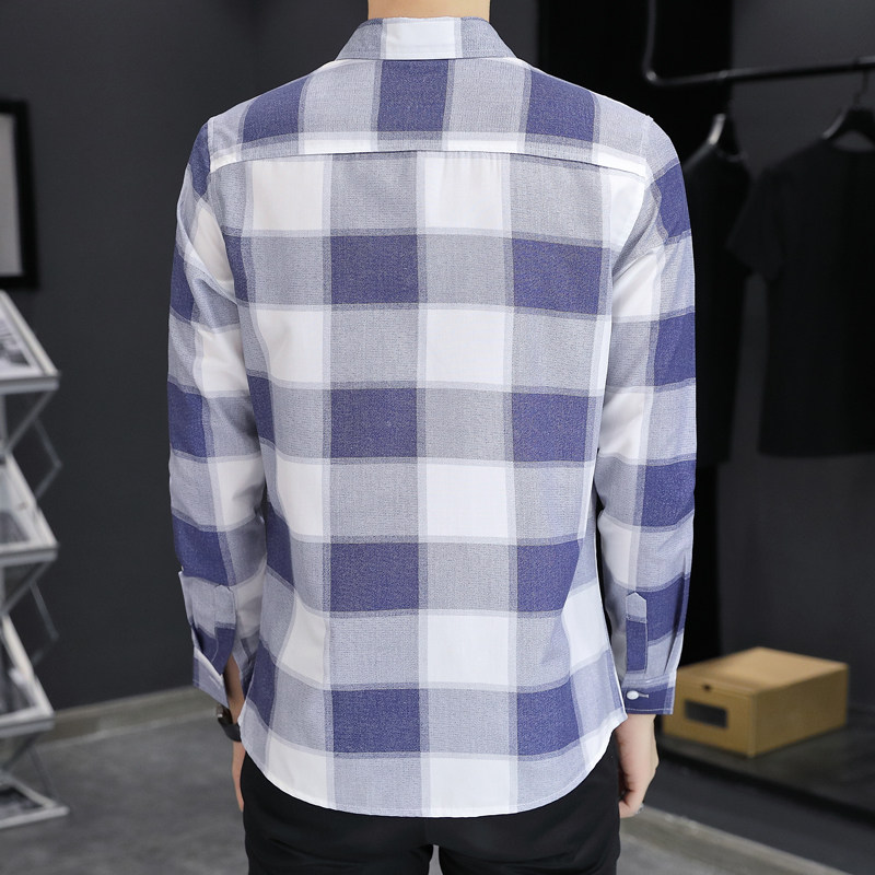 秋季男装格子衬衫韩版长袖潮流帅气百搭翻领上衣商务休闲轻熟衬衣,淘宝优惠券,粉丝福利购,淘宝优惠卷