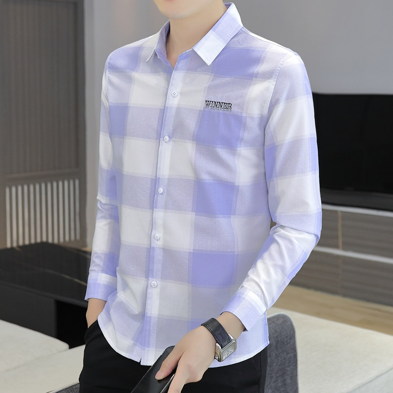 秋季男装格子衬衫韩版长袖潮流帅气百搭翻领上衣商务休闲轻熟衬衣,淘宝优惠券,粉丝福利购,淘宝优惠卷