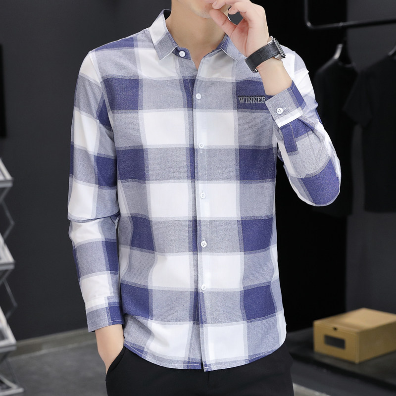 秋季男装格子衬衫韩版长袖潮流帅气百搭翻领上衣商务休闲轻熟衬衣,淘宝优惠券,粉丝福利购,淘宝优惠卷