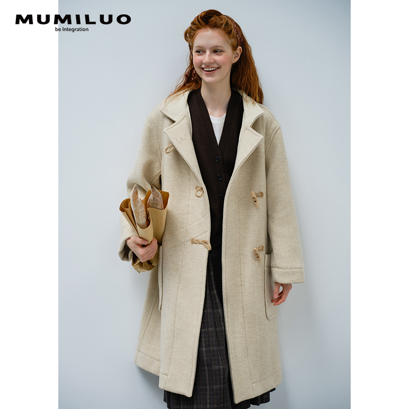 MUMILUO|牛角扣大衣女2023新款中长款羊毛秋冬羊驼毛米白毛呢外套-图0