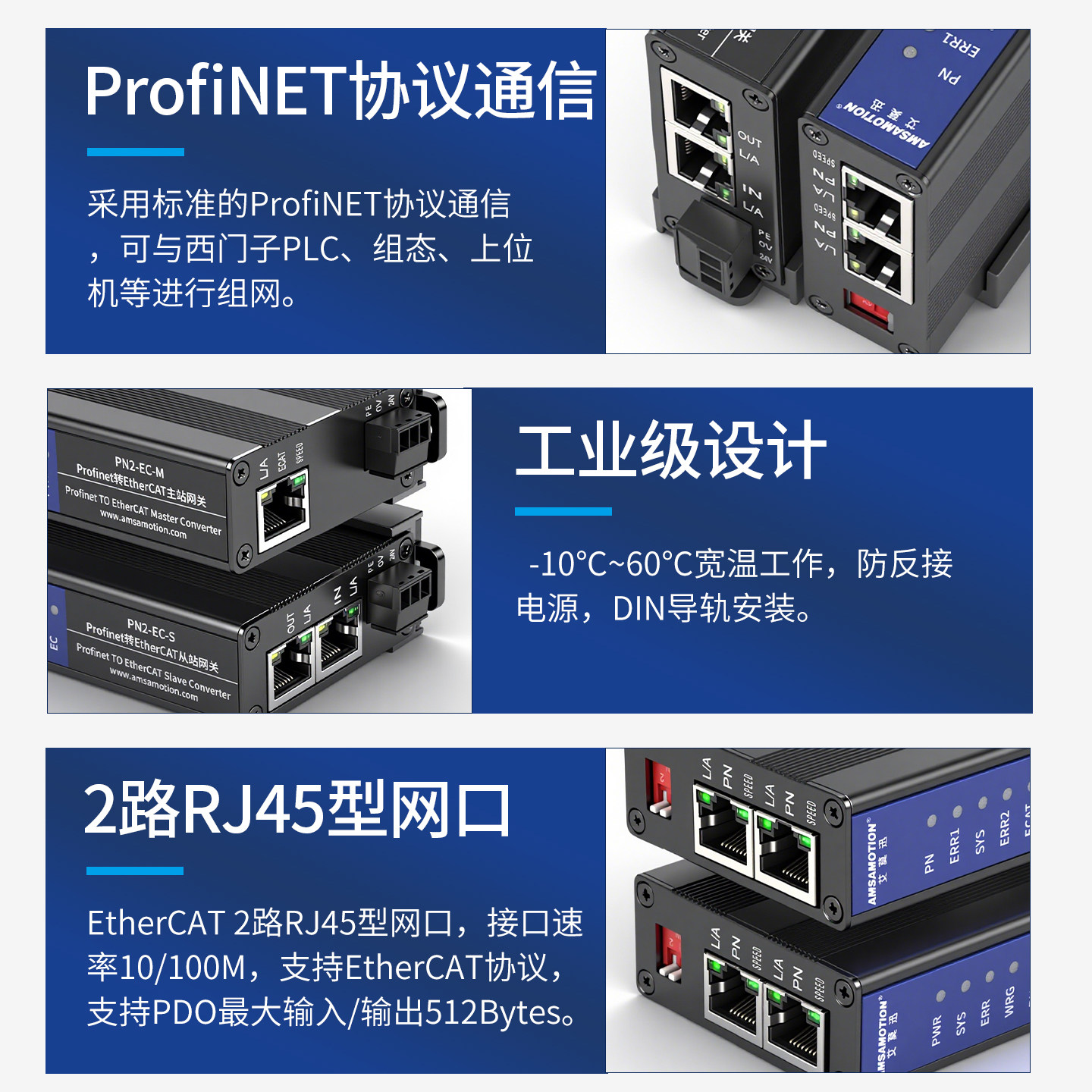 艾莫迅ProfiNET转EtherCAT从主站PLC工业总线协议转换网关PN模块 - 图0