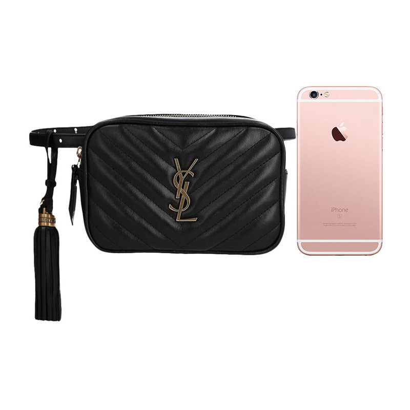 圣罗兰女士黑色小牛皮绗缝腰包 YISHEHUI海外女士包袋