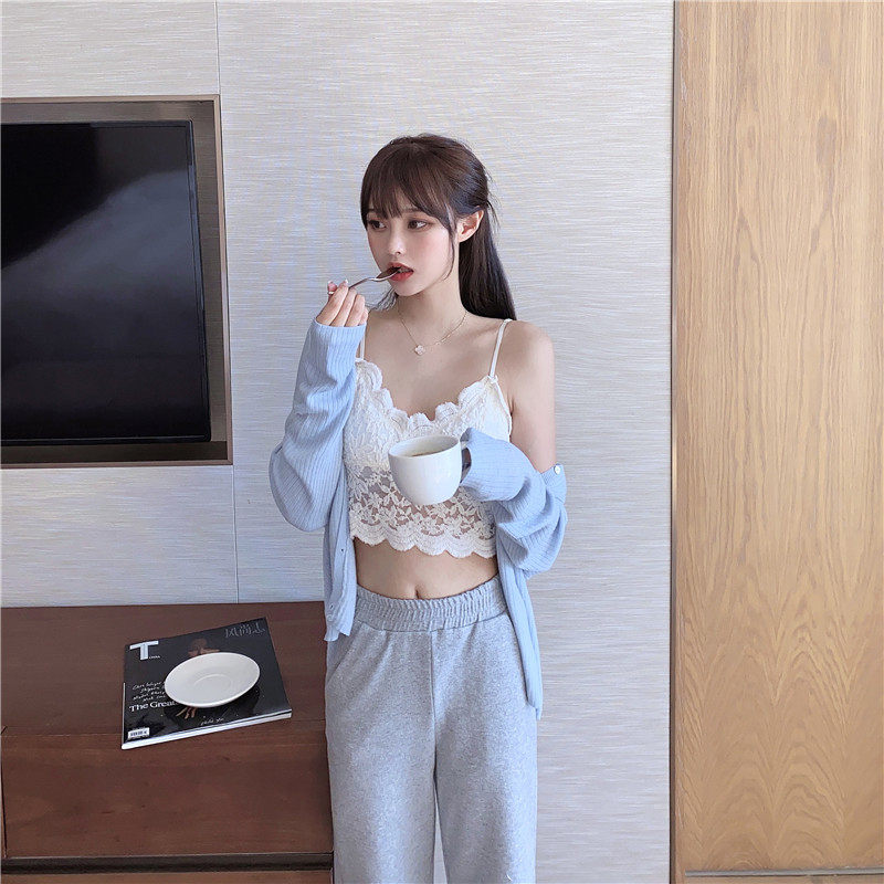 蕾丝吊带+针织高腰垂感直筒女开衫 森丽顿蕾丝衫/雪纺衫