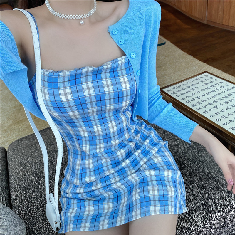 法式格子chic小个子两件套 森丽顿蕾丝衫/雪纺衫