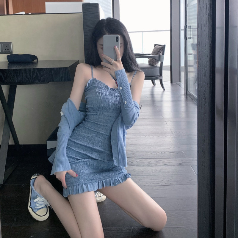 夏季新款法式褶皱搭配披肩吊带裙 森丽顿蕾丝衫/雪纺衫