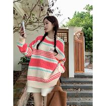 Day Ensemble Retro Striped round neckline Jacket Head Sweater Woman Autumn winter medium Long version loose Lazy Wind Leisure 100 Hitch Knitwear