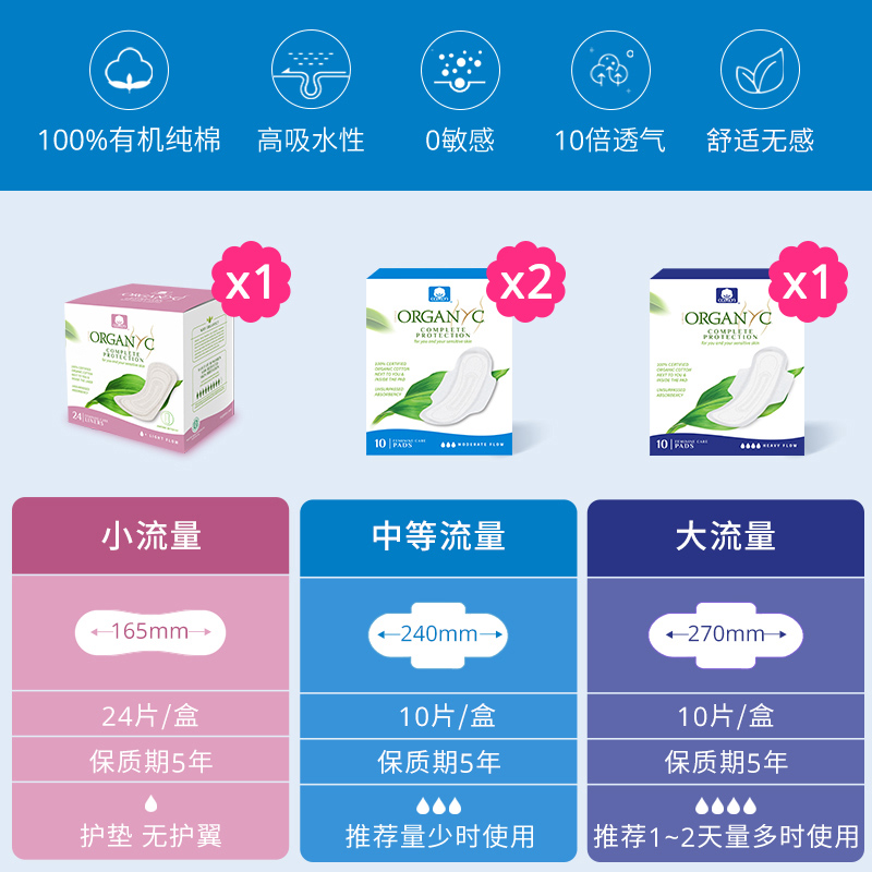 Organyc欧然尼敏感肌进口透气卫生巾护垫有机棉全棉芯日夜用54片-图0