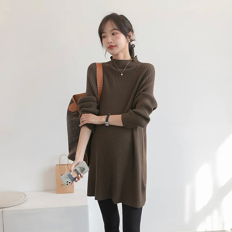 孕妇打底衫秋冬2025新款燕麦色立领毛衣中长款针织长袖内搭上衣女 - 图2