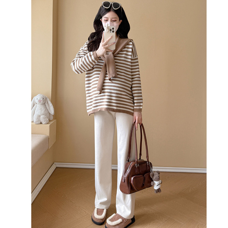 孕妇套装秋冬2026新款韩版孕妈咖色条纹披肩针织毛衣裤子两件套女,淘宝优惠券,粉丝福利购,淘宝优惠卷