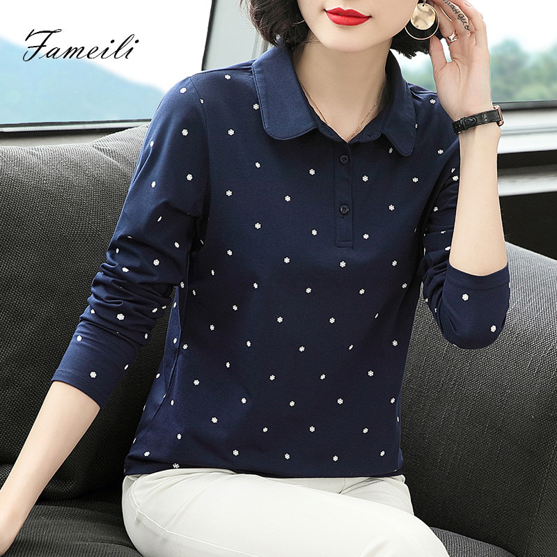 女长袖纯棉有领宽松2021新款polo衫 金羽伶T恤