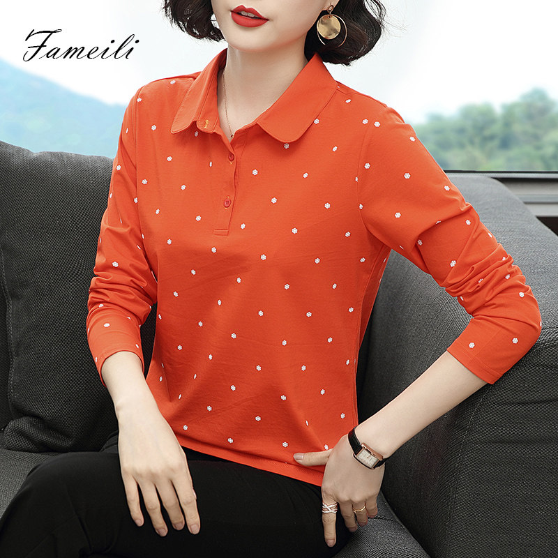 女长袖纯棉有领宽松2021新款polo衫 金羽伶T恤