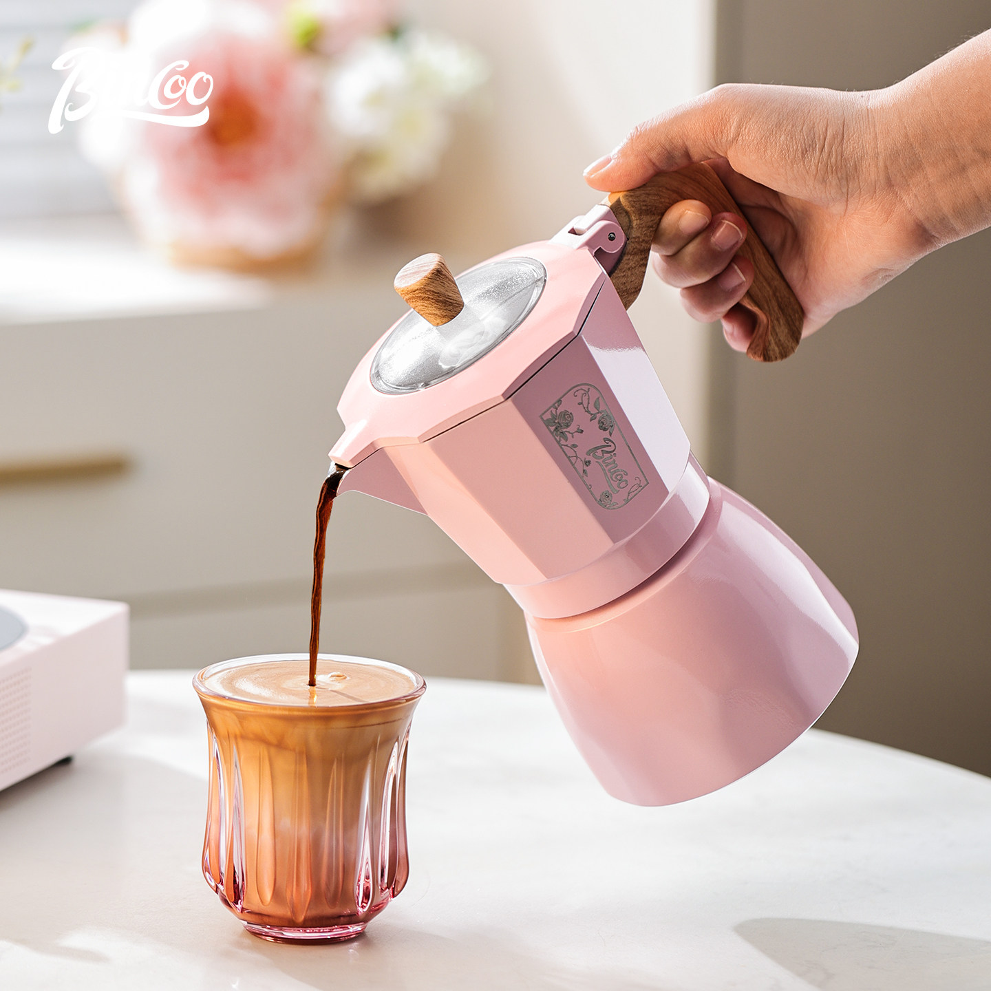 Bincoo粉色双阀摩卡壶套装家用意式浓缩萃取煮咖啡壶小型咖啡机,淘宝优惠券,粉丝福利购,淘宝优惠卷