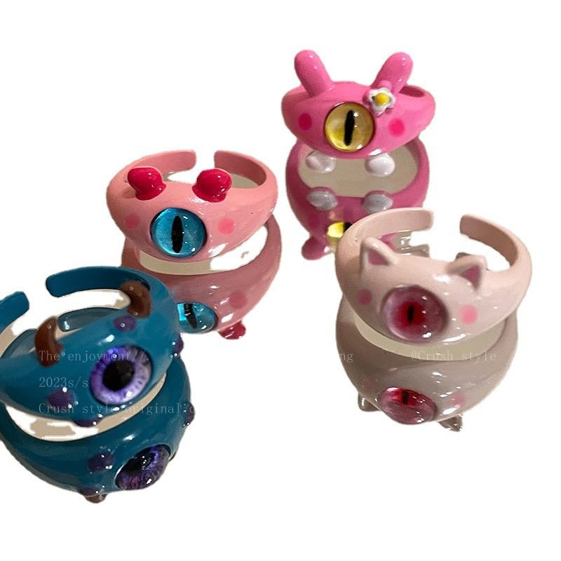 大眼萌妹卡通怪兽开口戒指女2023年新款食指戒可爱设计闺蜜指环