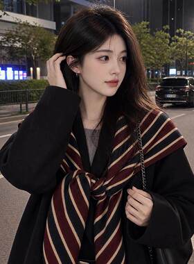 韩系复古撞色条纹针织三角巾叠穿披肩女秋冬外搭围脖披风护颈围巾