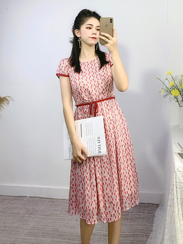 慕衣思方格子碎花雪纺气质收腰长裙 慕衣思连衣裙