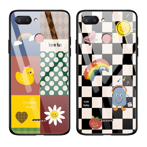 红米6手机壳Redmi6A玻璃hm6Pro全包防摔M1804C3DE硅胶软边硬壳M1805D1SE男女情侣M1804C3CE卡通可爱por黑白格 - 图3