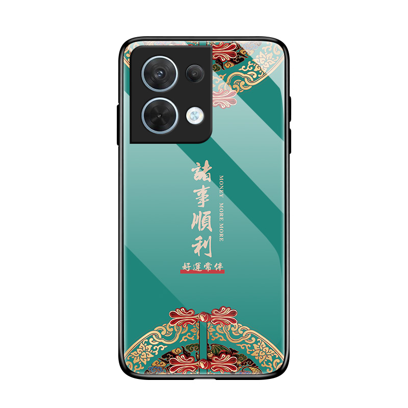 opporeno8手机壳OPPO Reno8Pro玻璃手机壳reon8pro+硅胶软边硬壳5G全包防摔PFZM10男女中国风潮PGAT诸事顺利