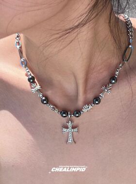 毛衣链冷淡项链串珠镶钻吊坠男小众风轻奢设计十字架克罗高级感女