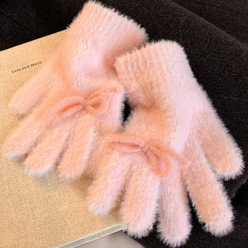 韩系可爱蓝色蝴蝶结针织毛绒手套冬季加绒保暖防寒分指毛茸茸HWJ - 图3